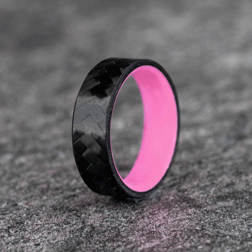 Polished Carbon Fiber Diagonal Pattern Ring with Pale Pink Glow Resin