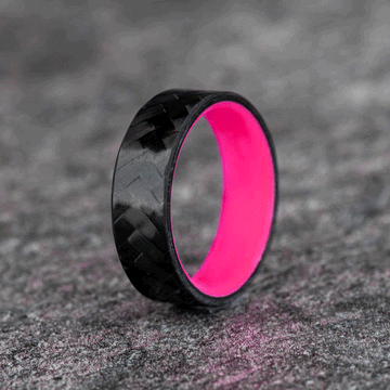 Polished Carbon Fiber Diagonal Pattern Ring with Hot Pink Glow Resin
