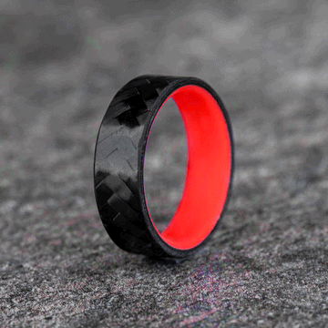 Polished Carbon Fiber Diagonal Pattern Ring with Red Glow Resin