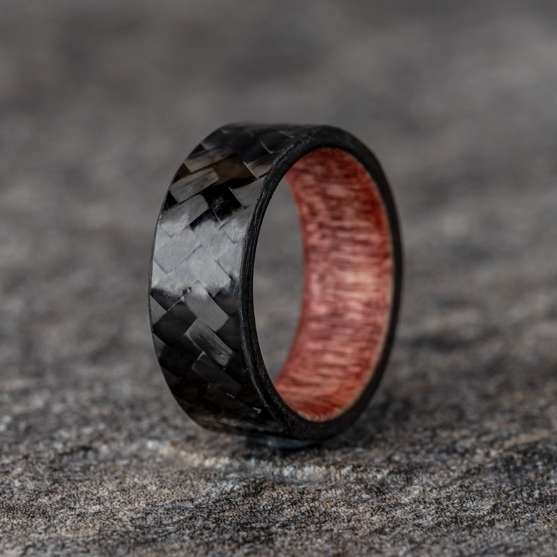 Polished Carbon Fiber Diagonal Pattern Ring with Sedona Red Wood Core