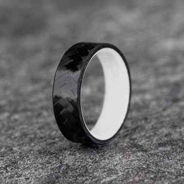 Polished Carbon Fiber Diagonal Pattern Ring with White Glow Resin