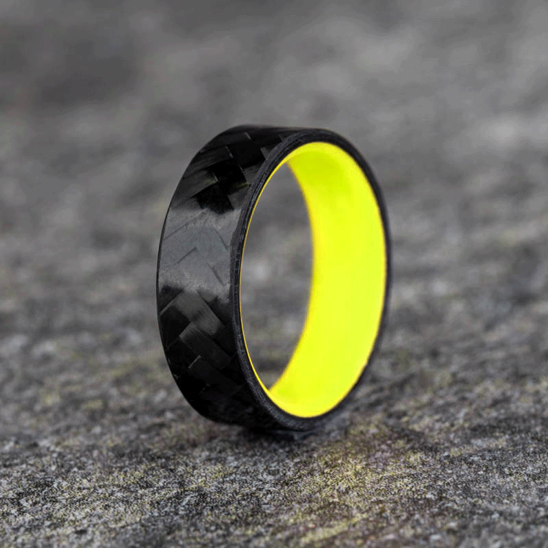 Polished Carbon Fiber Diagonal Pattern Ring with Yellow Glow Resin