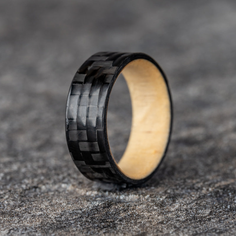 Polished Carbon Fiber Horizontal Pattern Ring with Natural Pine Wood Core