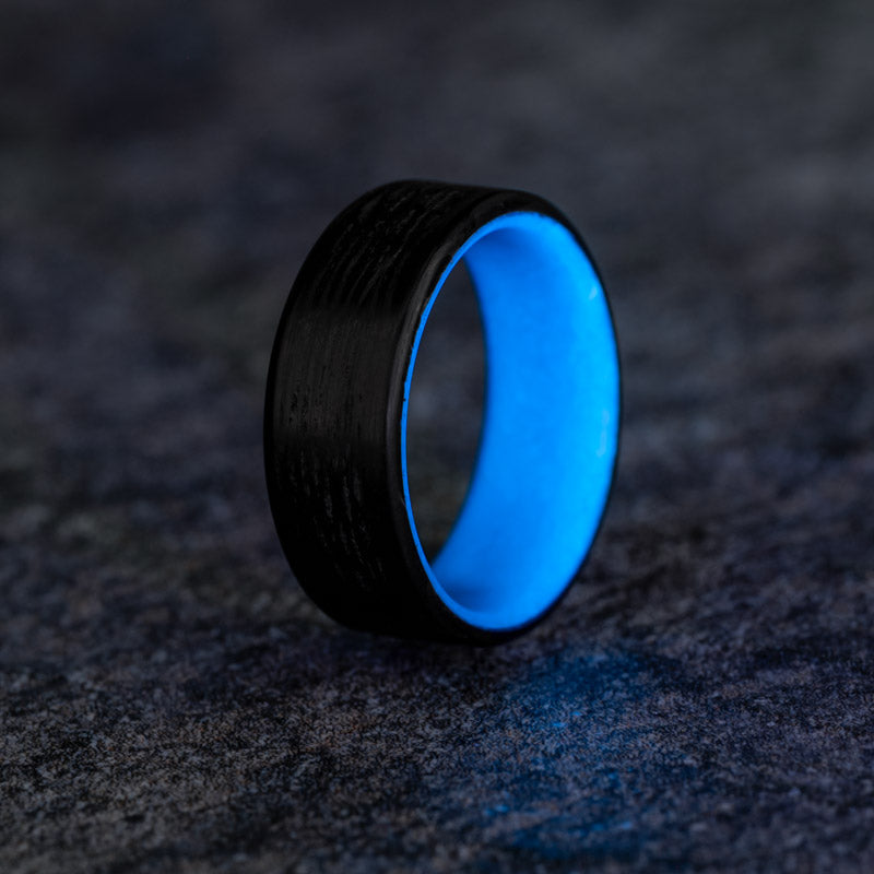 Polished Carbon Fiber Wave Pattern Ring with Blue Glow Resin