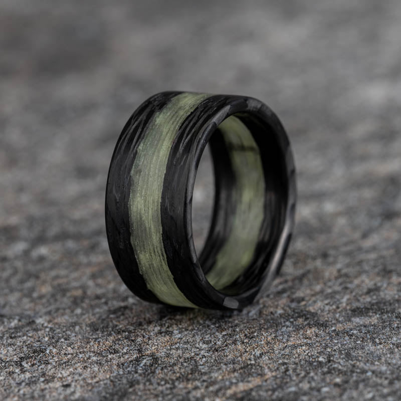 Polished Carbon Fiber Wave Pattern Ring with Green Glow Resin Center Stripe