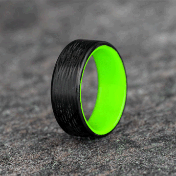 Polished Carbon Fiber Wave Pattern Ring with Green Glow Resin