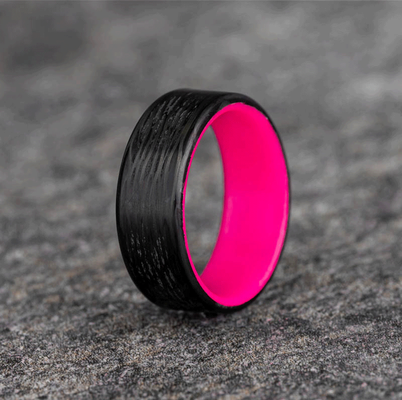 Polished Carbon Fiber Wave Pattern Ring with Hot Pink Glow Resin
