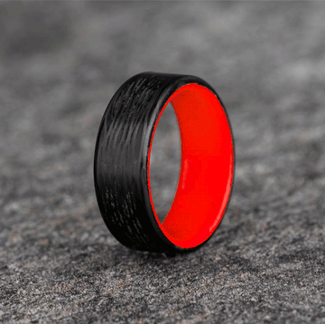 Polished Carbon Fiber Wave Pattern Ring with Red Glow Resin