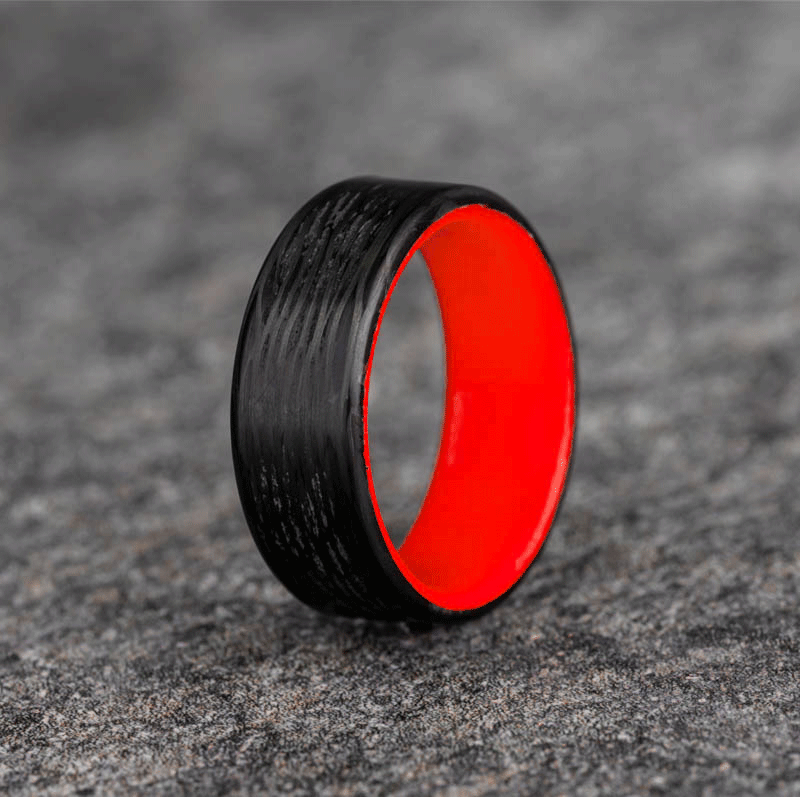 Polished Carbon Fiber Wave Pattern Ring with Red Glow Resin