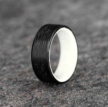 Polished Carbon Fiber Wave Pattern Ring with White Glow Resin