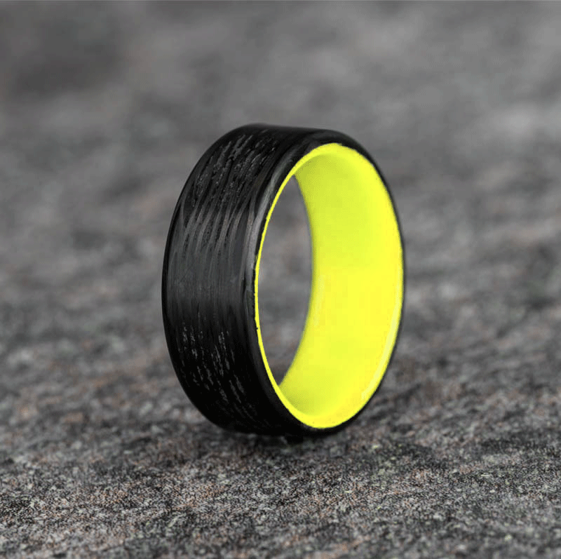 Polished Carbon Fiber Wave Pattern Ring with Yellow Glow Resin