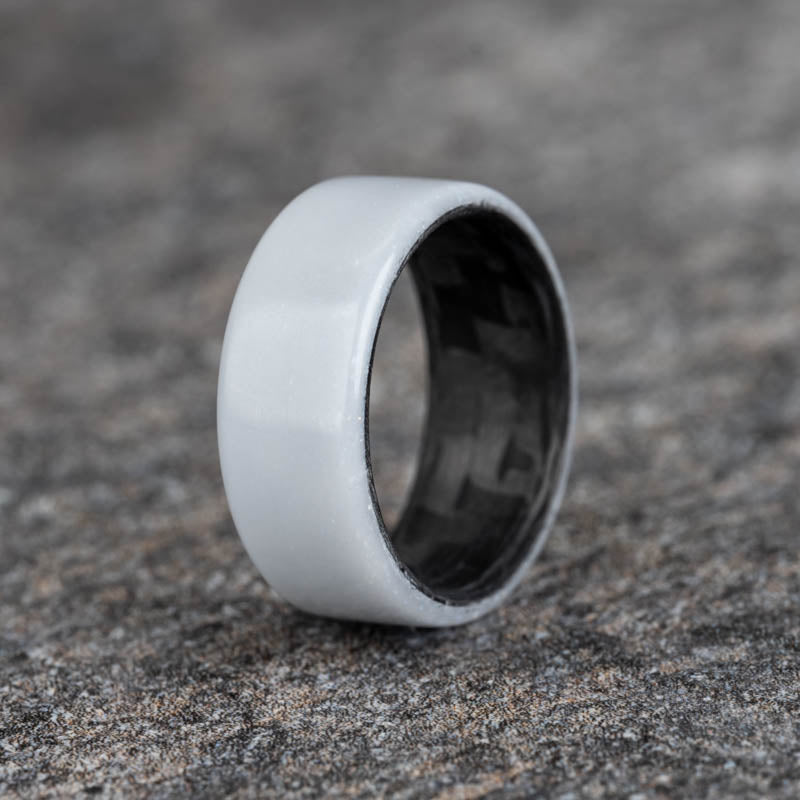 Polished Gray Corian Ring with Matte Carbon Fiber Horizontal Pattern Core