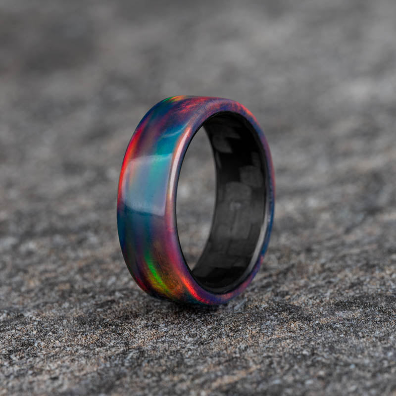 Polished Synthetic Opal Ring with Matte Carbon Fiber Horizontal Pattern Core