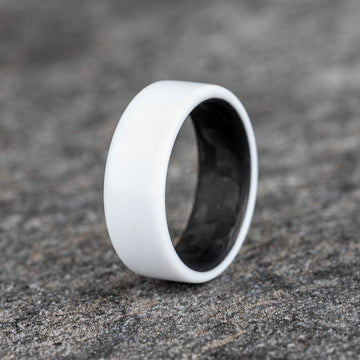 Polished White Corian Ring with Matte Carbon Fiber Horizontal Pattern Core