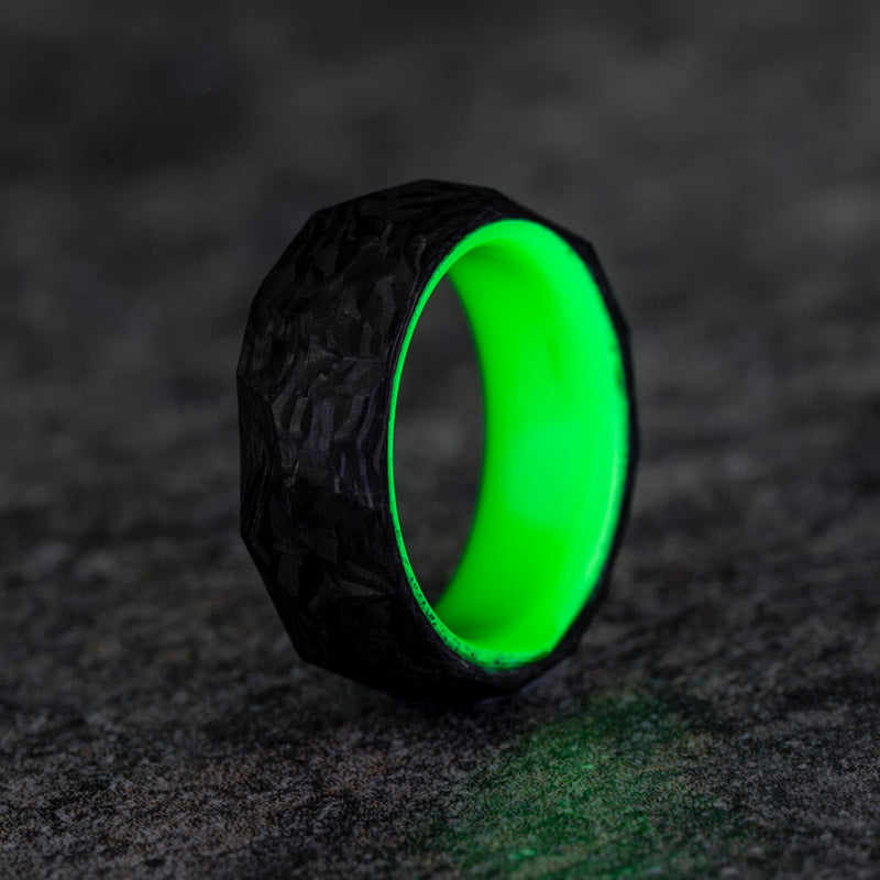 Rough Cut Carbon Fiber Ring with Green Glow Resin