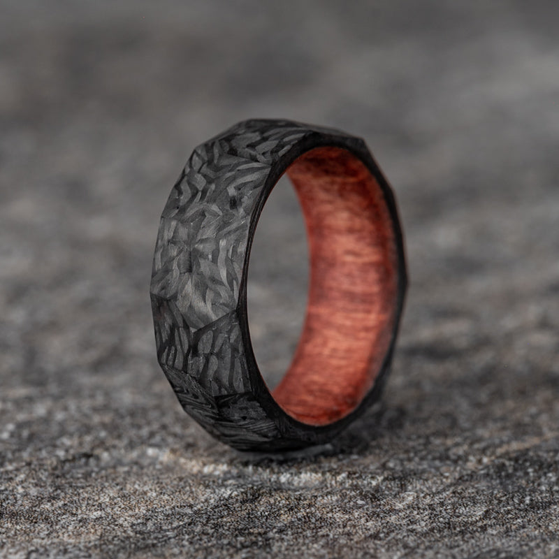 Rough Cut Carbon Fiber Ring with Sedona Red Wood Core