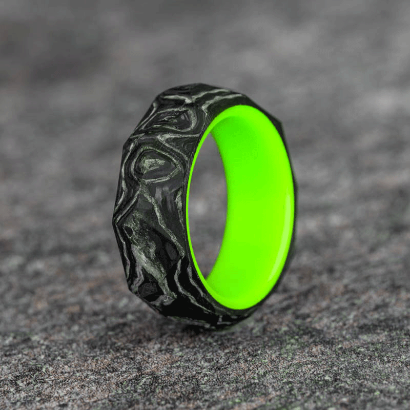 Rough Cut Carbon Fiber and Damascus Marble Ring with Green Glow Resin