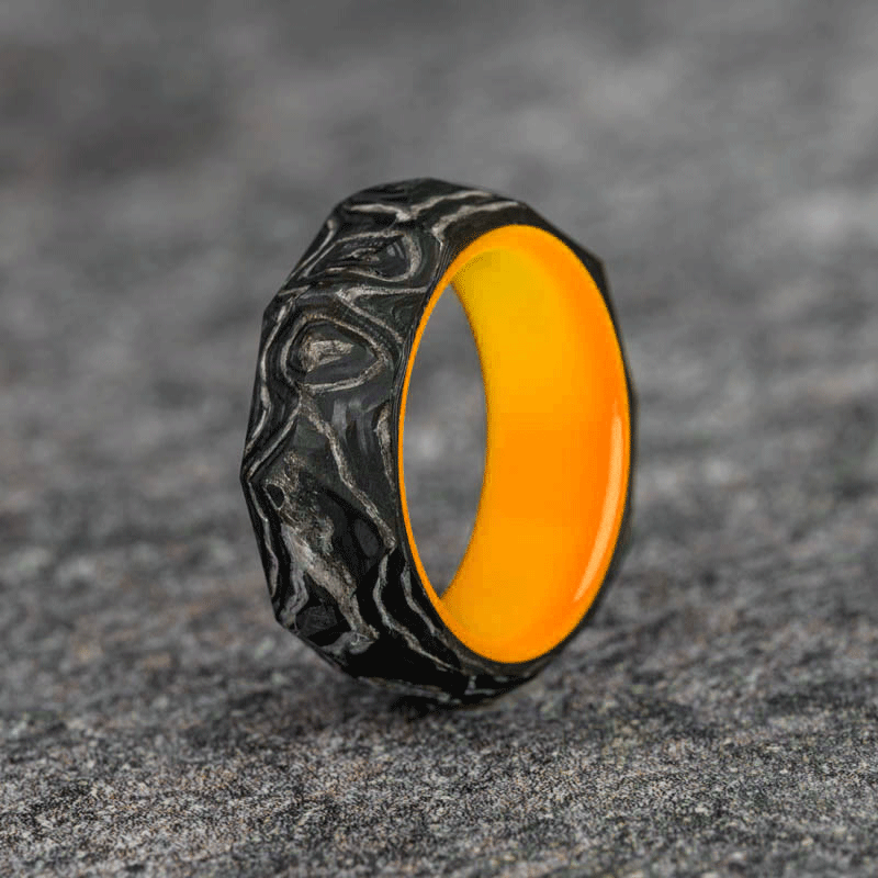 Rough Cut Carbon Fiber and Damascus Marble Ring with Orange Glow Resin
