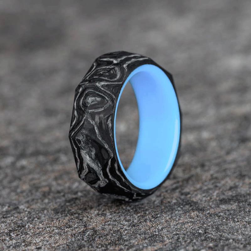 Rough Cut Carbon Fiber and Damascus Marble Ring with Pale Blue Glow Resin