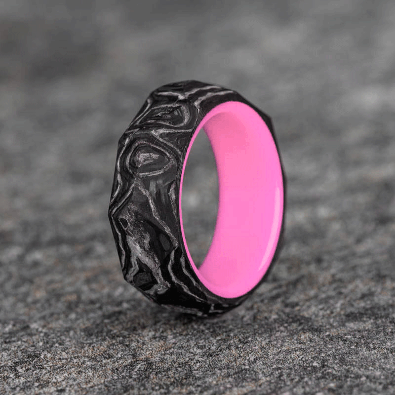 Rough Cut Carbon Fiber and Damascus Marble Ring with Pale Pink Glow Resin