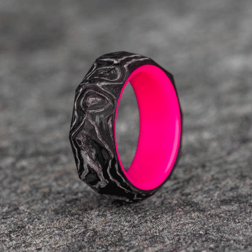 Rough Cut Carbon Fiber and Damascus Marble Ring with Hot Pink Glow Resin