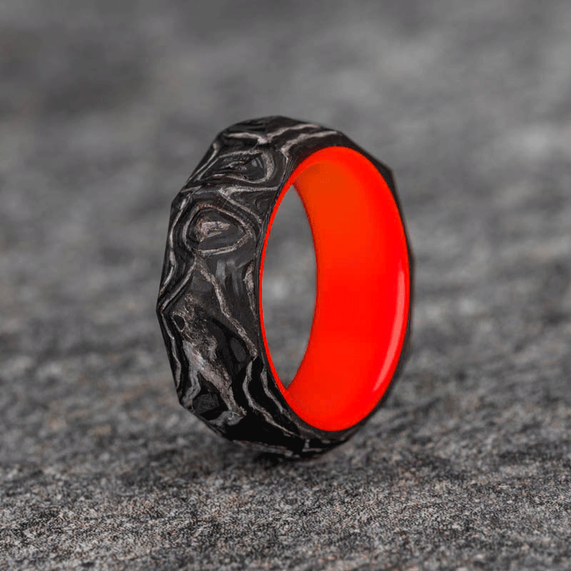 Rough Cut Carbon Fiber and Damascus Marble Ring with Red Glow Resin