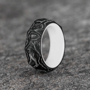 Rough Cut Carbon Fiber and Damascus Marble Ring with White Glow Resin