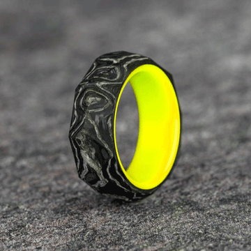 Rough Cut Carbon Fiber and Damascus Marble Ring with Yellow Glow Resin
