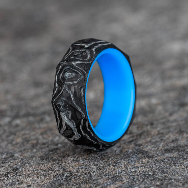 Rough Cut Carbon Fiber and Damascus Marble Ring with Blue Glow Resin