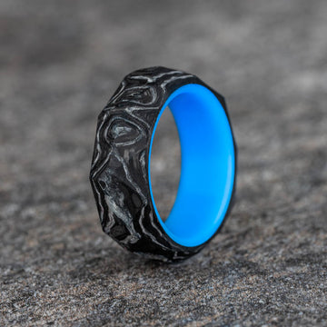 Rough Cut Carbon Fiber and Damascus Marble Ring with Blue Glow Resin