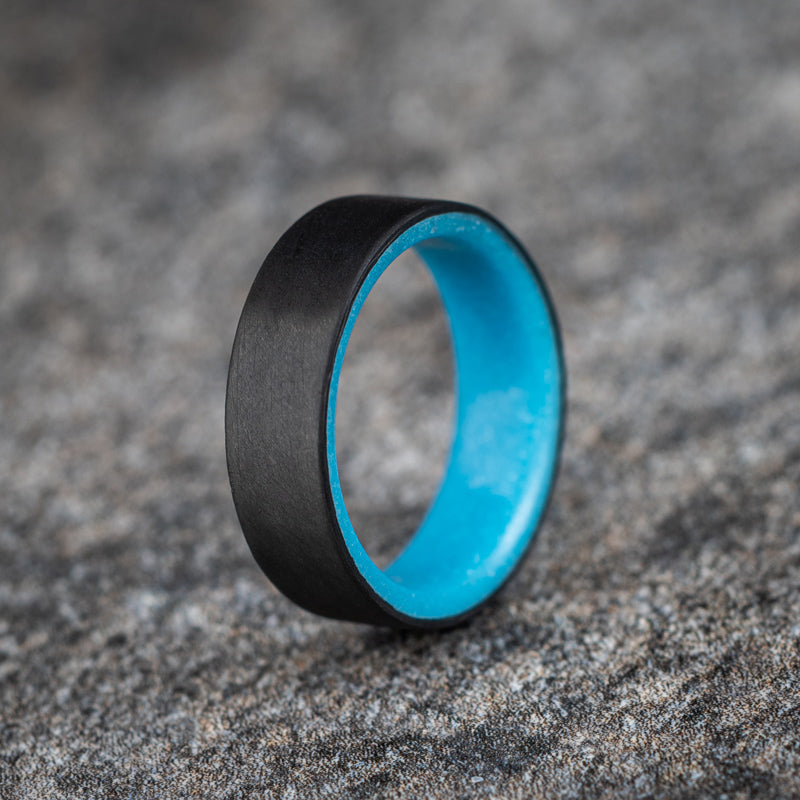 Matte Carbon Fiber Unidirectional Ring with Blue Glow Resin