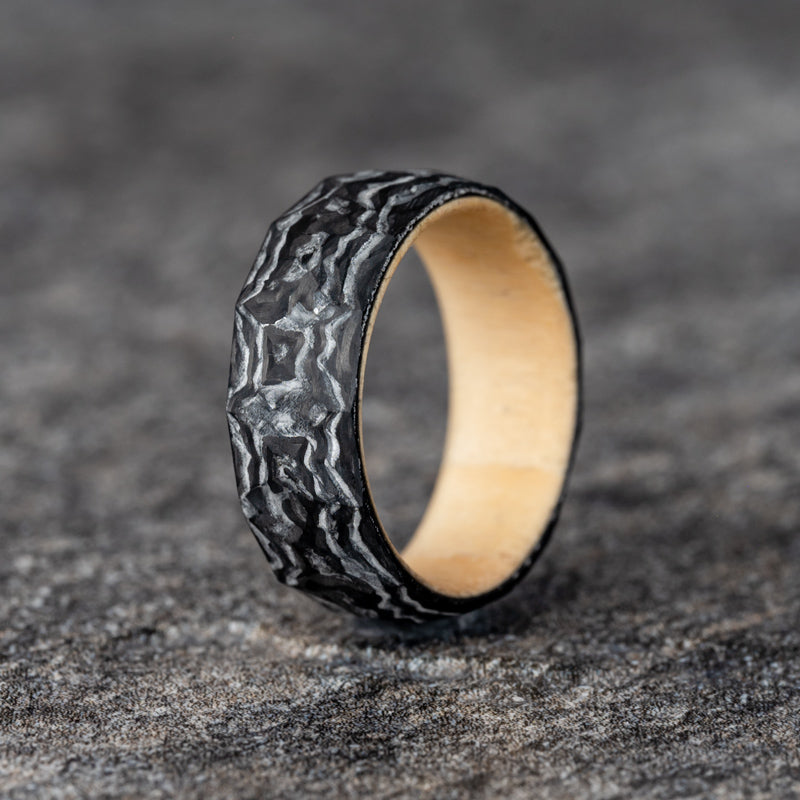 Damascus Style Faceted Carbon Fiber Ring with Natural Pine Wood Core