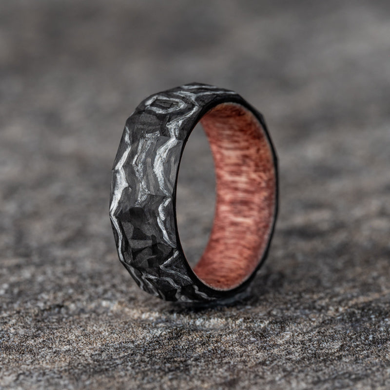 Damascus Style Faceted Carbon Fiber Ring with Sedona Red Wood Core