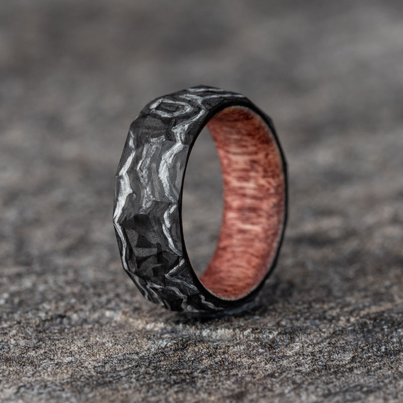 Damascus Style Faceted Carbon Fiber Ring with Sedona Red Wood Core