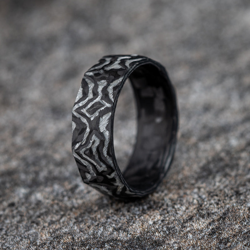 Matte Carbon Fiber Faceted Ring with Damascus Pattern