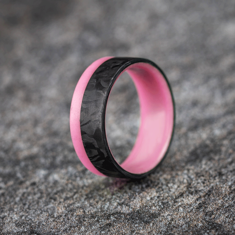 Polished 2/3 Carbon Fiber Marbled Ring with Pale Pink Glow Resin