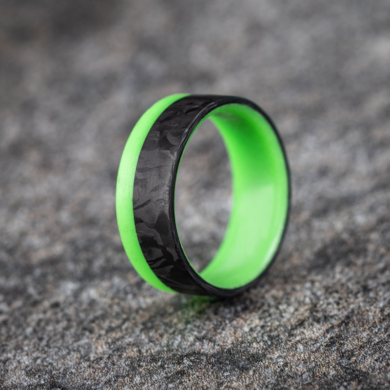 Polished 2/3 Carbon Fiber Marbled Ring with Green Glow Resin