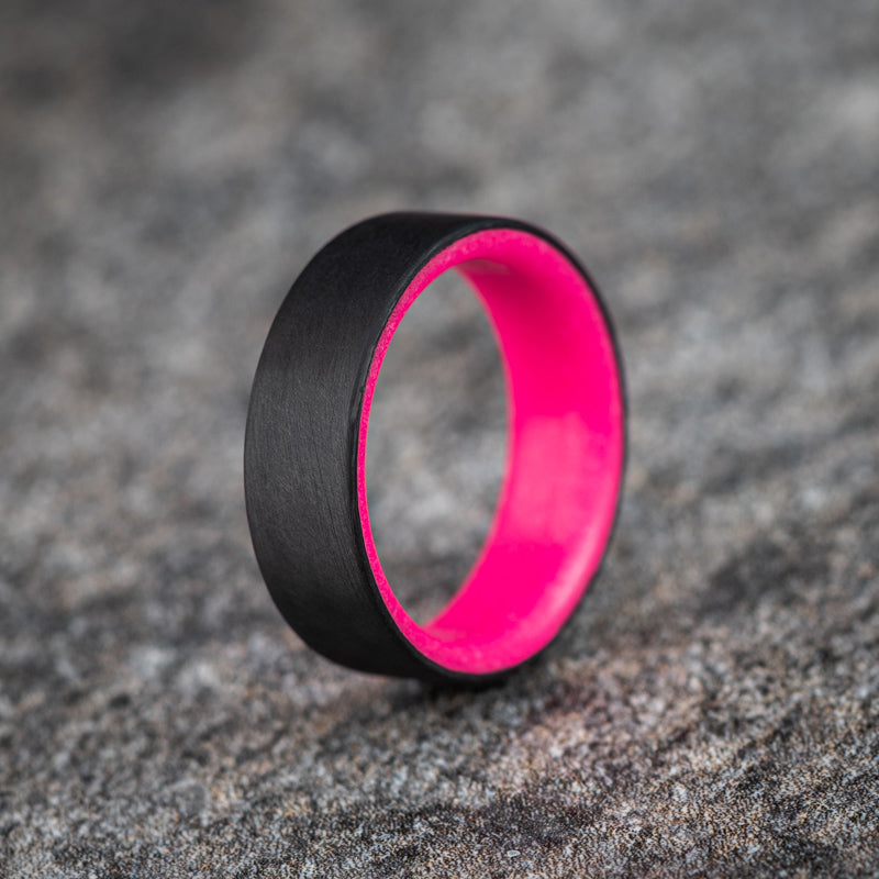 Matte Carbon Fiber Unidirectional Ring with Hot Pink Glow Resin