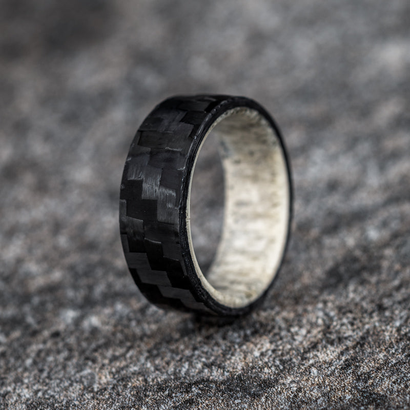 Polished Carbon Fiber Diagonal Pattern Ring with Elk Antler Core