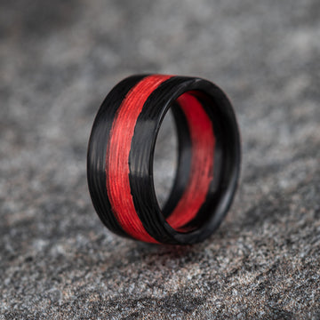 Polished Carbon Fiber Wave Pattern Ring with Red Glow Resin Center Stripe