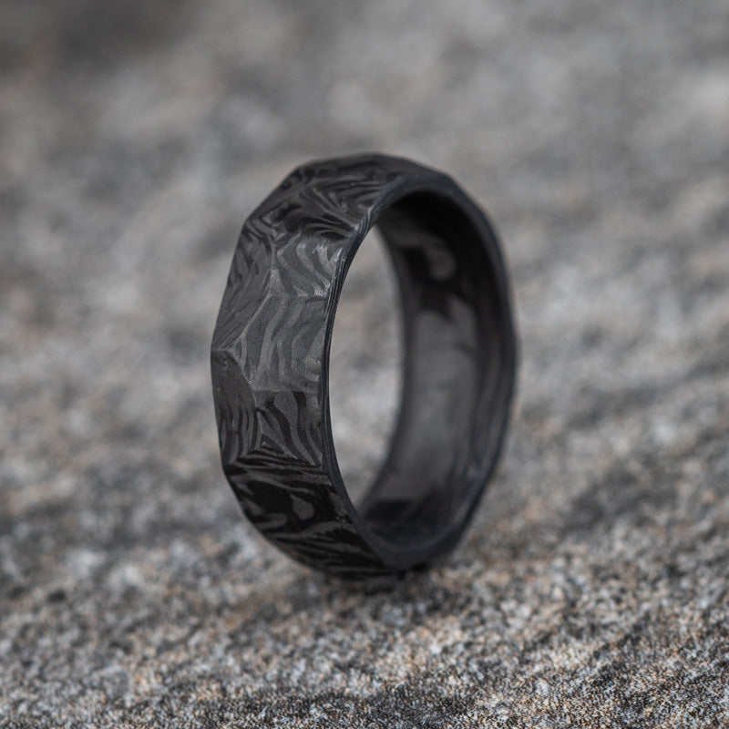 Rough Cut Carbon Fiber Faceted Ring