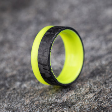 Polished 2/3 Carbon Fiber Marbled Ring with Yellow Glow Resin